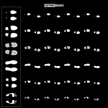 Set of white different human footprints isolated on black background. Vector Stock Illustration