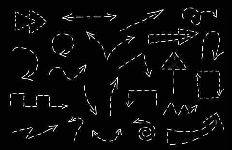 Set of white dotted line doodle hand drawn arrows isolated on black. Sketch Stock Illustration