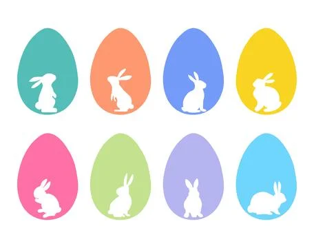 Set of white Easter bunny silhouettes inside colorful eggs Stock Illustration