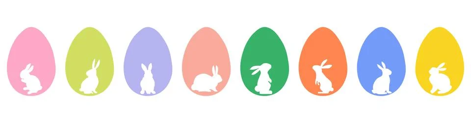 Set of white Easter bunny silhouettes inside colorful eggs 库存插图
