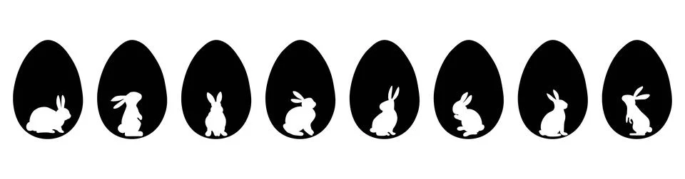 Set of white Easter bunny silhouettes inside eggs. Design concept for greet.. Illustrazione stock