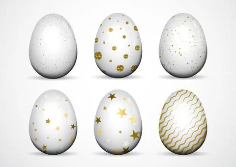Set of white Easter eggs with golden dots, stripes on white background. Stock Illustration