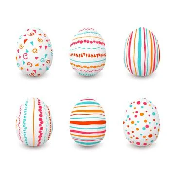 Set of white Easter eggs with simple pink, orange, red, blue stripes, pattern Illustrazione stock