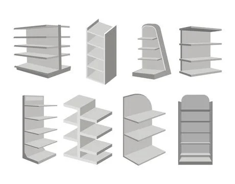 Set of white empty store shelves collection isolated on background with dif.. Stock Illustration