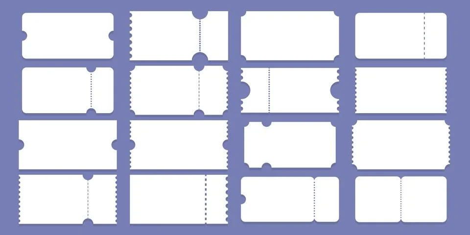 Set of white empty ticket mockups. Concert, festival event, coupon. Stock Illustration