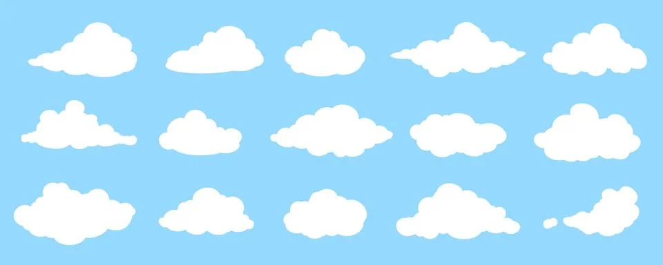 Set of White Flat Cloud Icons Isolated on Blue Background Stock Illustration