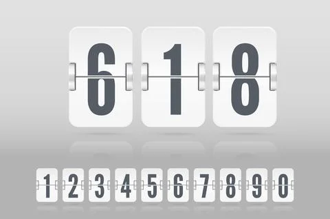 Set of white flip score board numbers floating with reflection for countdown Stock Illustration