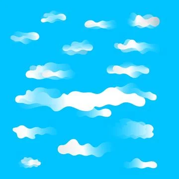 Set of white fluffy cartoon clouds in blue sky background. Stock Illustration