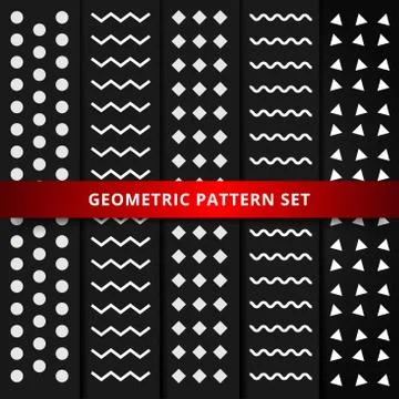 Set of white geometric pattern on black background. Stock Illustration