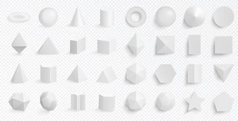 Set of white geometric solids realistic basic 3d shapes. Three dimensional Illustrazione stock
