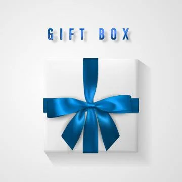 Set White Gift box with blue bow and ribbon top view. Element for decoration  Illustrazione stock