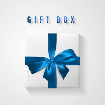 Set White Gift box with blue bow and ribbon top view. Element for decoration  Stock Illustration