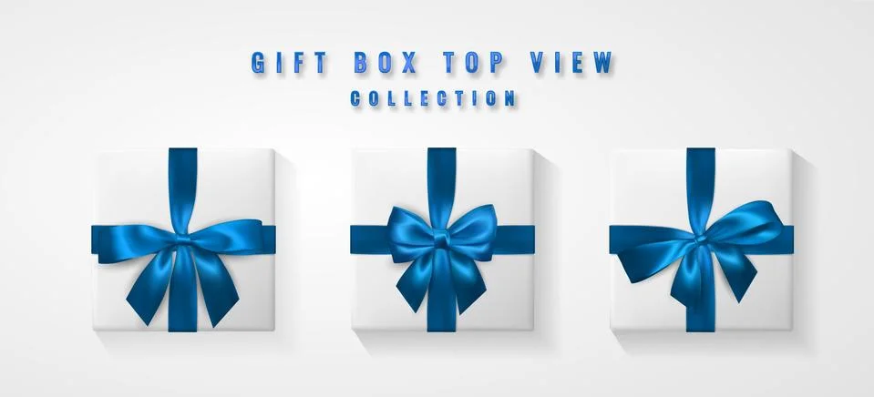 Set White Gift box with blue bow and ribbon top view. Element for decoration  Stock Illustration