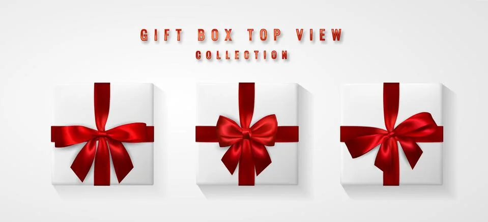 Set White Gift box with red bow and ribbon top view. Element for decoration g Stock Illustration