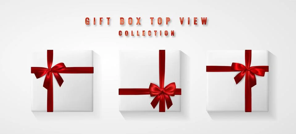 Set White Gift box with red bow and ribbon top view. Element for decoration g Stock Illustration