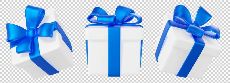Set of white gift boxes with blue ribbons in multiple angles Stock Illustration