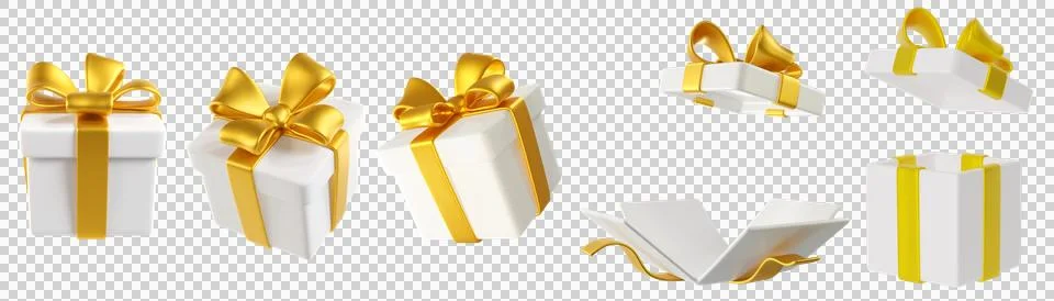Set of white gift boxes with gold ribbons Stock Illustration