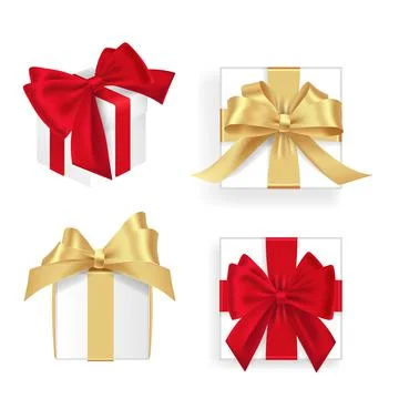 Set of white gift boxes red and golden ribbon. Lots of presents. Flat decoration Stock Illustration