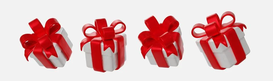 Set White gift boxes with shiny red ribbons and bows. Stock Illustration