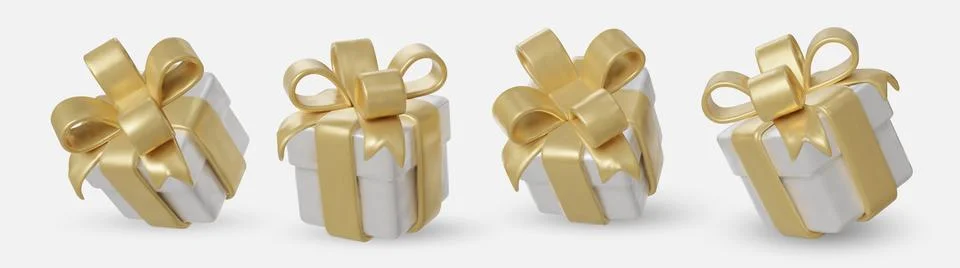 Set white gift boxes with shiny gold ribbons and bows. Stock Illustration