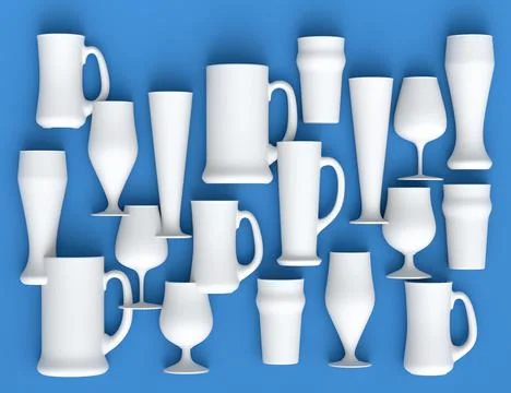 Set of white glasses of fresh draft beer on a blue monochrome background. 스톡 일러스트