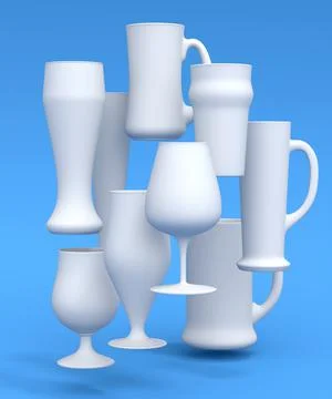 Set of white glasses of fresh draft beer on a blue monochrome background. Illustrazione stock