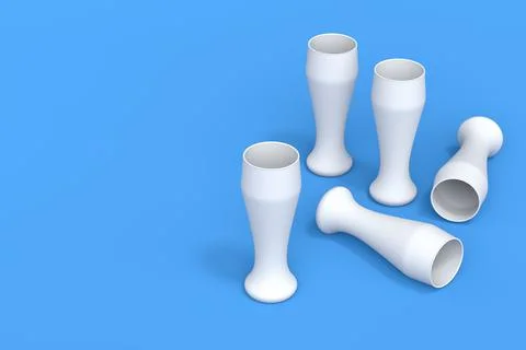 Set of white glasses of fresh draft beer on a blue monochrome background. 스톡 일러스트