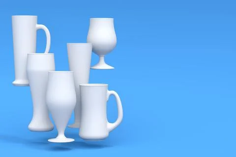 Set of white glasses of fresh draft beer on a blue monochrome background. Stock Photos