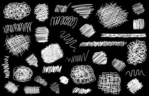 Set of white grunge doodle hand drawn textures and curves isolated on black. Stock-Illustration