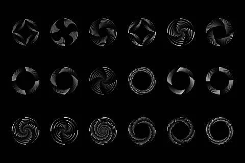 Set white halftone dotted circular speed lines. Abstract vortex geometric shapes 스톡 일러스트