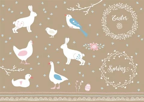 Set of white hand drawn Easter and spring elements. Farm animals, flowers and 库存插图