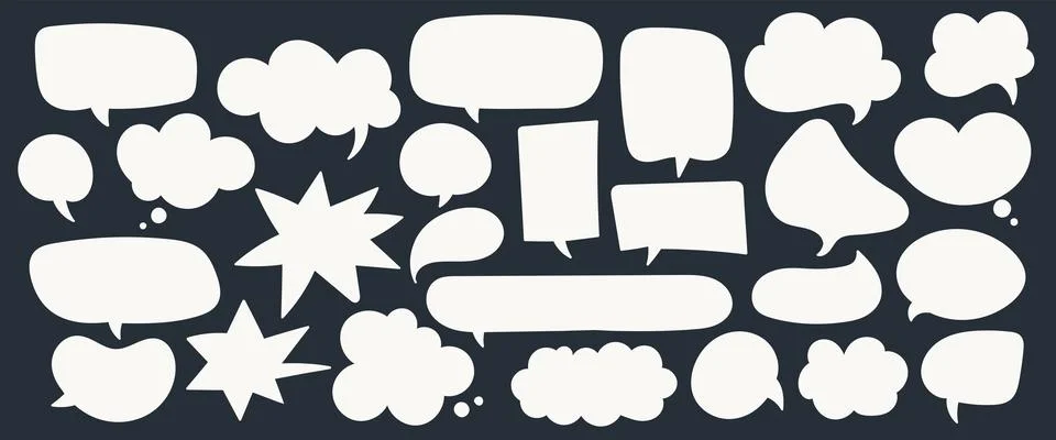 Set of white hand-drawn speech bubbles on dark background. Stock Illustration