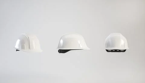 Set of white hard hat isolated on white, 3d render. White helmet for Labour Day Stock Illustration