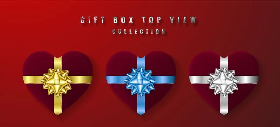 Set White heart shape gift box with bow and ribbon top view. Element for deco Stock Illustration