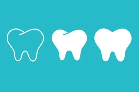 Set white human tooth on blue background, dental symbol icon teeth, vector Stock Illustration