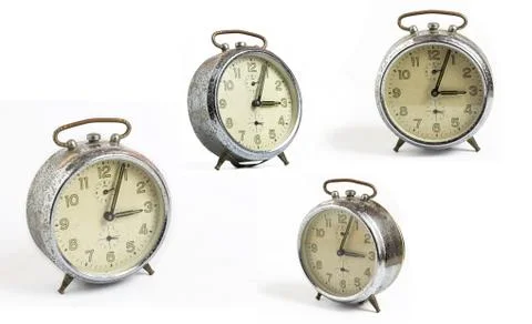 Set of white isolated old clock vintage style Stock Photos