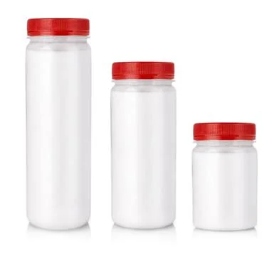 Set of white jars with colored cap without label isolated on a white background Stock Photos