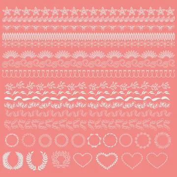 Set of white lace borders, decorative set of laurels, branches and wreaths Stock Illustration