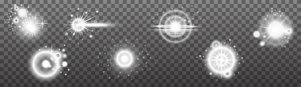 Set of white light lens effects on transparent background. Vector sunlight Stock-Illustration