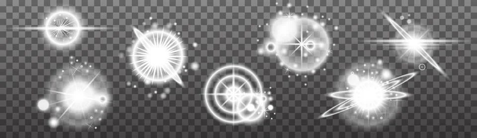 Set of white light lens effects on transparent background. Vector sunlight Stock Illustration