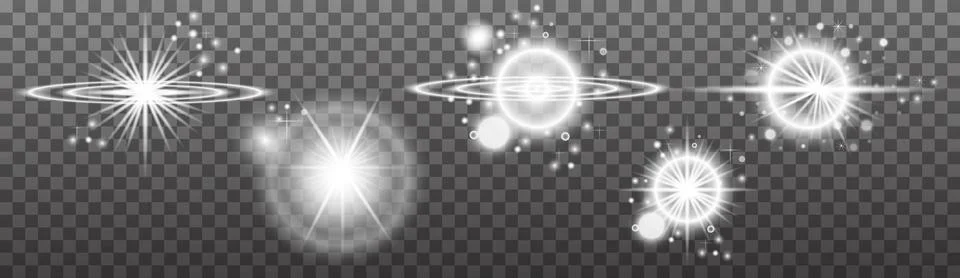 Set of white light lens effects on transparent background. Vector sunlight Stock Illustration