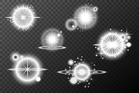 Set of white light lens effects on background. Vector sunlight Stock Illustration