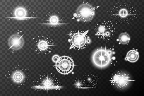 Set of white light lens effects on background. Vector sunlight Stock Illustration