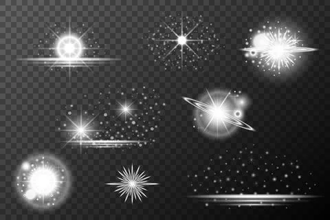 Set of white light lens effects on background. Vector sunlight Stock Illustration