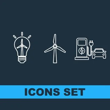 Set of white line icons representing renewable energy: light bulb with wind.. Stock Illustration