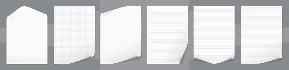 Set of white, lined note, notebook paper with folded corners are on grey Stock Illustration