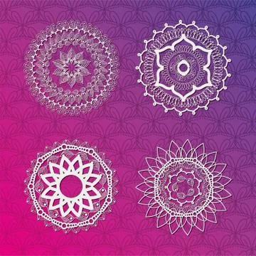 Set of white mandalas on purple gradient background vector design Ilustração Stock