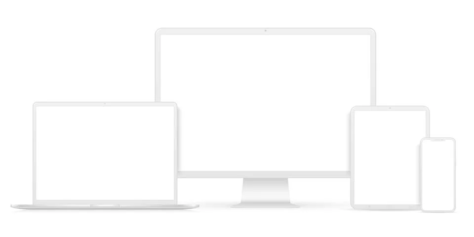 Set white mockup technology devices with white empty display Illustrazione stock