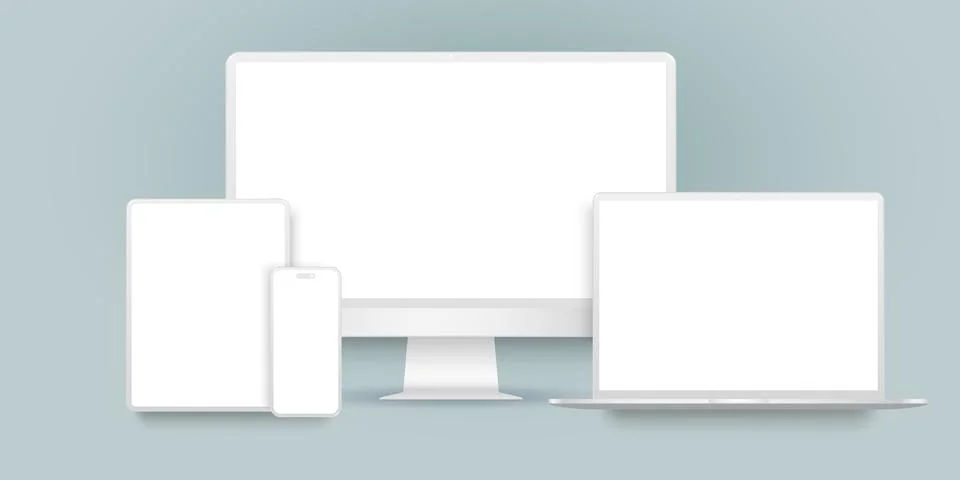 Set white mockup technology devices with white empty display. Vector illustra Illustrazione stock