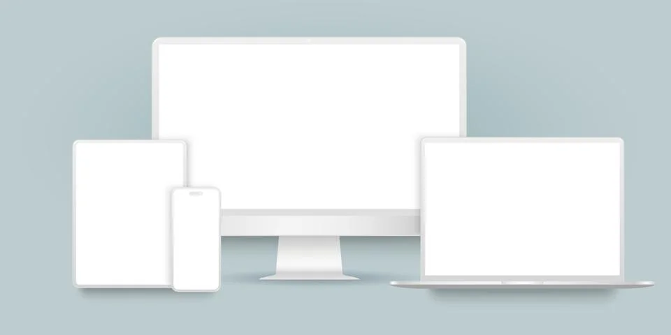 Set white mockup technology devices with white empty display. Vector illustra Illustrazione stock